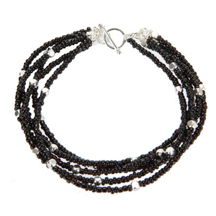 Pulsera De Chaquira Negra Con Cuenta Cubo Plata