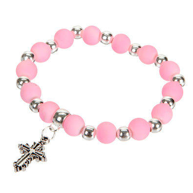 Fantasías Miguel Clave:BL249 Pulsera De Cuentas Rosas, Plateadas Y Dije De Cruz