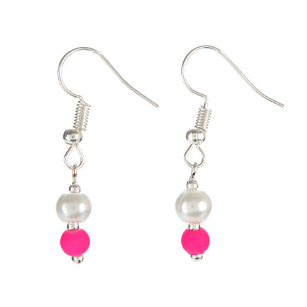 Aretes Con Perla Blanca Y Cuenta Caucho Rosa Neón