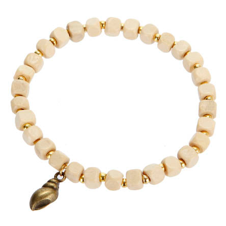 Pulsera De Cuenta Cubo Madera Y Dije Concha