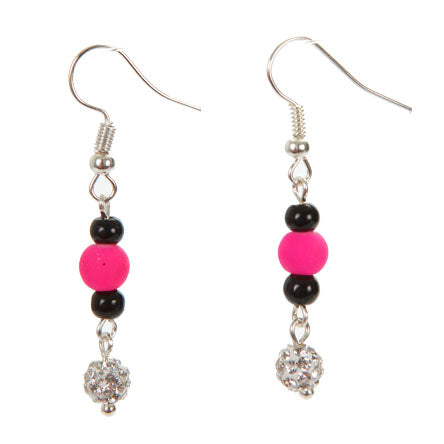 Aretes De Cuenta Redonda Y Cuenta Caucho Negro/ Rosa Neón