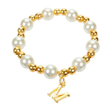 Pulsera De Perlas Grandes Con Dije De Letra Oro