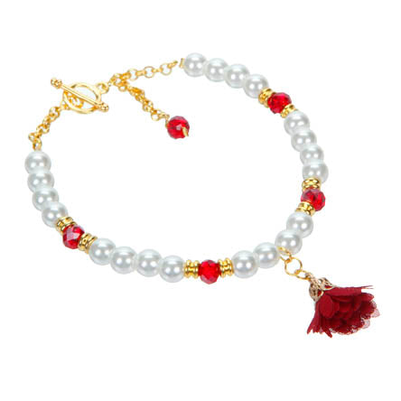 Pulsera De Rondeles Y Perlas Con Dije Rosa De Tela