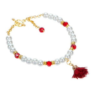 Pulsera De Rondeles Y Perlas Con Dije Rosa De Tela