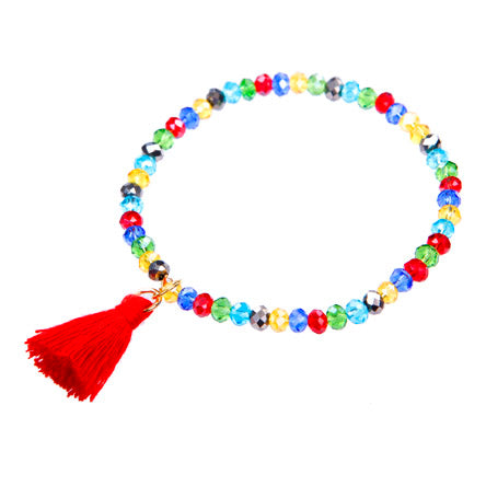 Pulsera Con Rondeles Cristal Multicolor Y Borla Roja