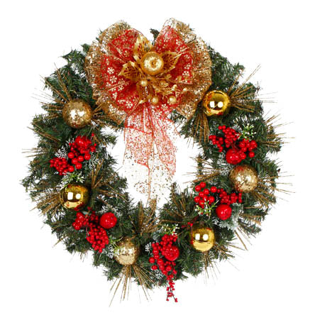 Corona De Pino Con Pick Navideño Nochebuenas Y Listón Diamantado Oro