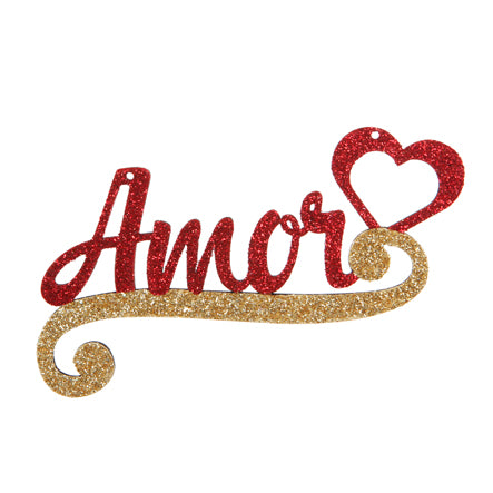 Letrero Amor Con Diamantina Oro/Rojo