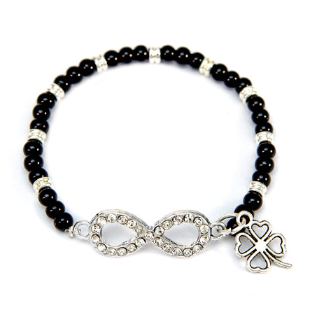 Pulsera Negro-Plata Con Dijes Infinito Y Trébol