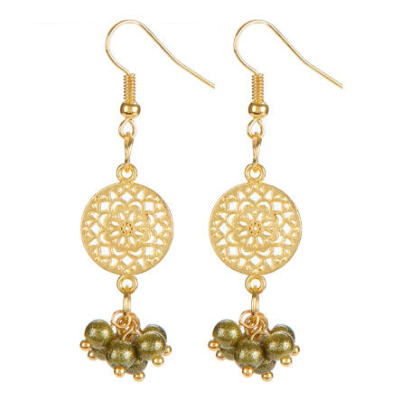 Aretes Con Perla Destellos Verde Y Dije Mandala