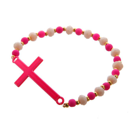 Pulsera Con Cuenta Caucho Rosa-Marfil Con Cruz Curva