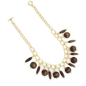 Collar Con Cuentas De Madera Café Con Oro