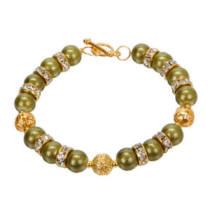 Pulsera De Perla Con Destellos Verde Y Bola De Filigrana Oro