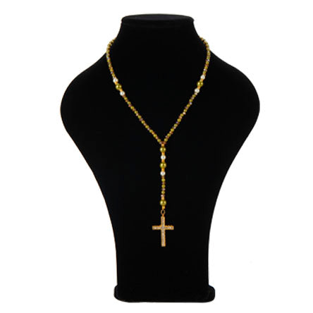 Collar Rosario Con Perlas Destello Y Cruz De Oro Cristal