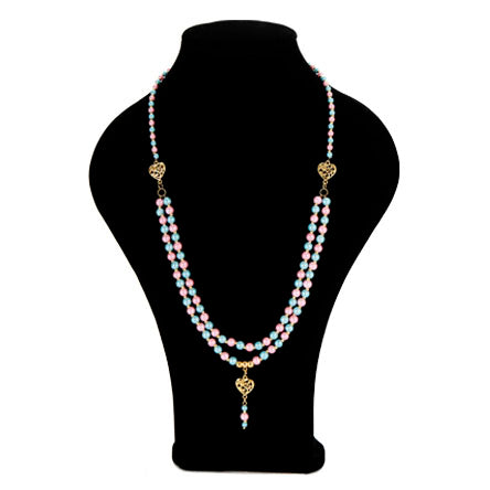 Collar De Perlas Azul/Rosa Con Dije Corazón 2 Argollas
