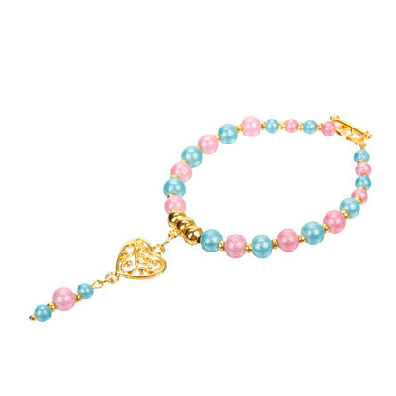 Pulsera De Perlas Azul/Rosa Y Dije Corazón 2 Argollas