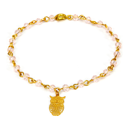 Pulsera De Engarces Oro Con Rondeles Rosa Y Dije Búho