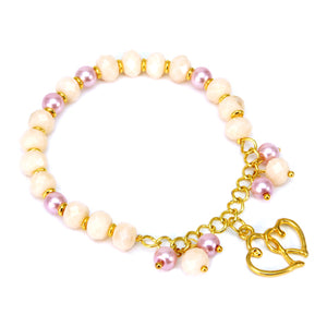 Pulsera Oro Marfil-Rosa Con Dije Contorno Corazones
