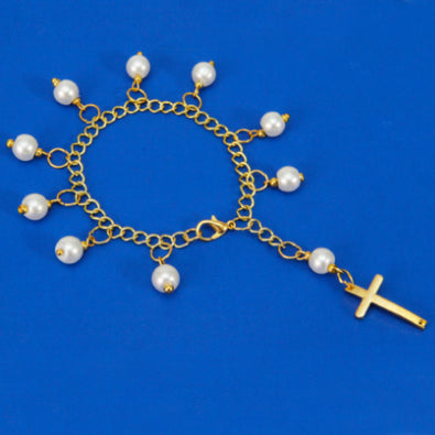 Fantasías Miguel Clave:LC1363 Pulsera Decenario Oro Con Perlas Y Cruz