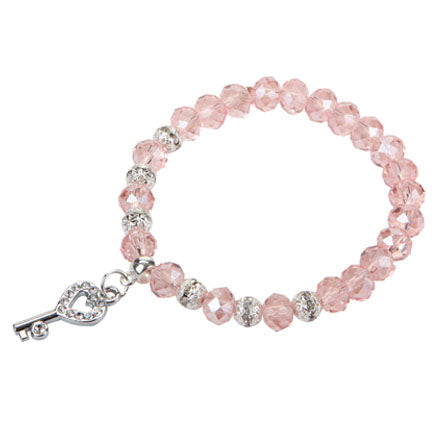 Pulsera Cristal Rosa-Plata Con Dije Llave Corazón