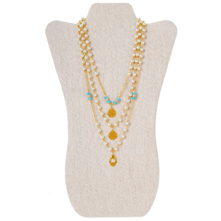 Collar Triple De Cadena Con Perla Dijes De Oro