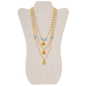 Collar Triple De Cadena Con Perla Dijes De Oro