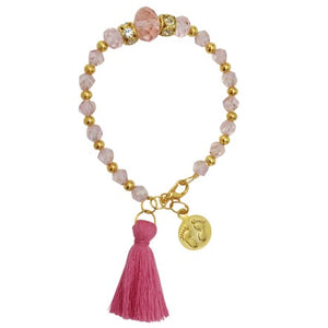 Pulsera Cristal Rosa Con Dije De Piesitos Y Borla