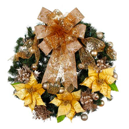 Corona Oro/Champaña Con Nochebuena Terciopelo Y Pick Navidad Helecho