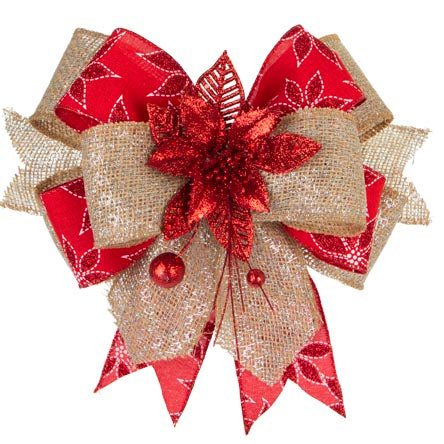 Moño Con Nochebuena Roja Y Listón De Yute