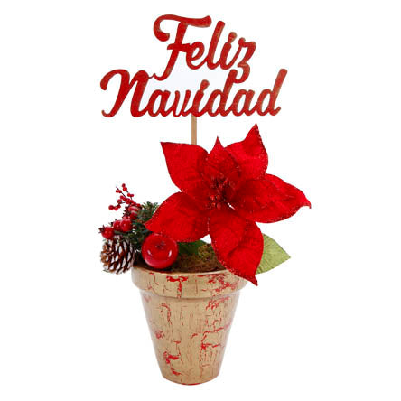 Maceta De Barro Craquelada Con Pick Feliz Navidad Y Nochebuenas Terciopelo