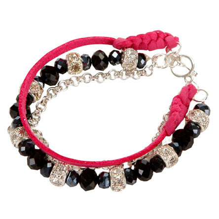 Pulsera Triple Fiusha-Negro-Plata Con Cadena