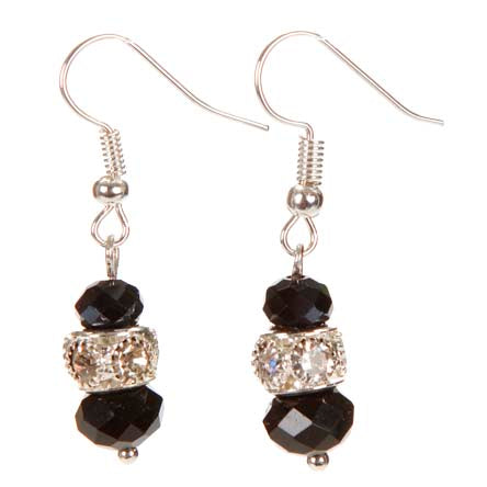 Aretes Negro-Plata Con Rondel Cristal Y Rondel De Piedra