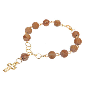 Pulsera Denario Con Cuentas De Madera Y Cruz Oro