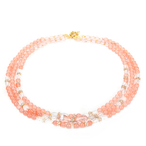 Collar Triple Coral Con Cristales Oro