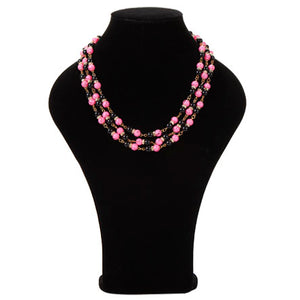 Collar De Engarces Triple Rosa-Negro Y Rondeles De Cristales