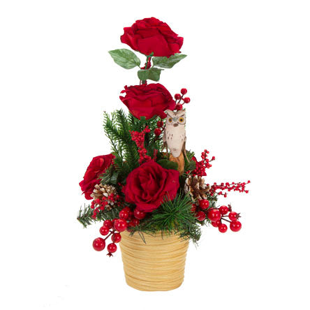 Arreglo Con Rosas Terciopelo Y Búho