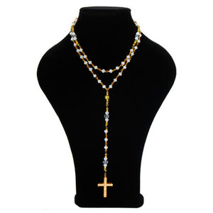 Collar Rosario De Engarces Con Rondeles Blanco Y Cruz Oro